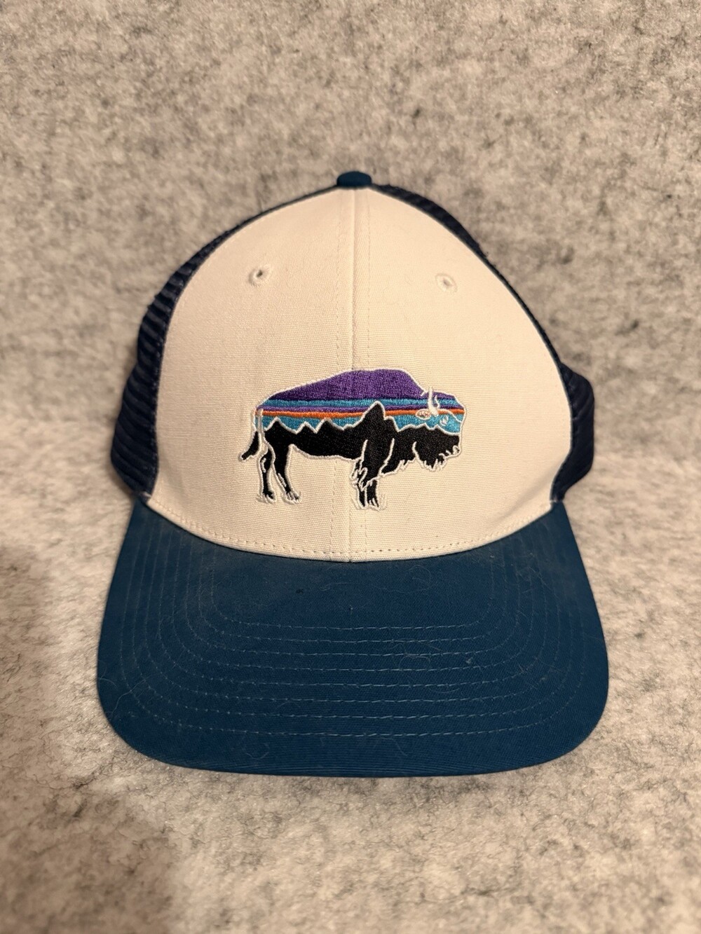 Patagonia Trucker Hat Cap Mens Blue Snapback Bison Logo Mesh Back Gorpcore